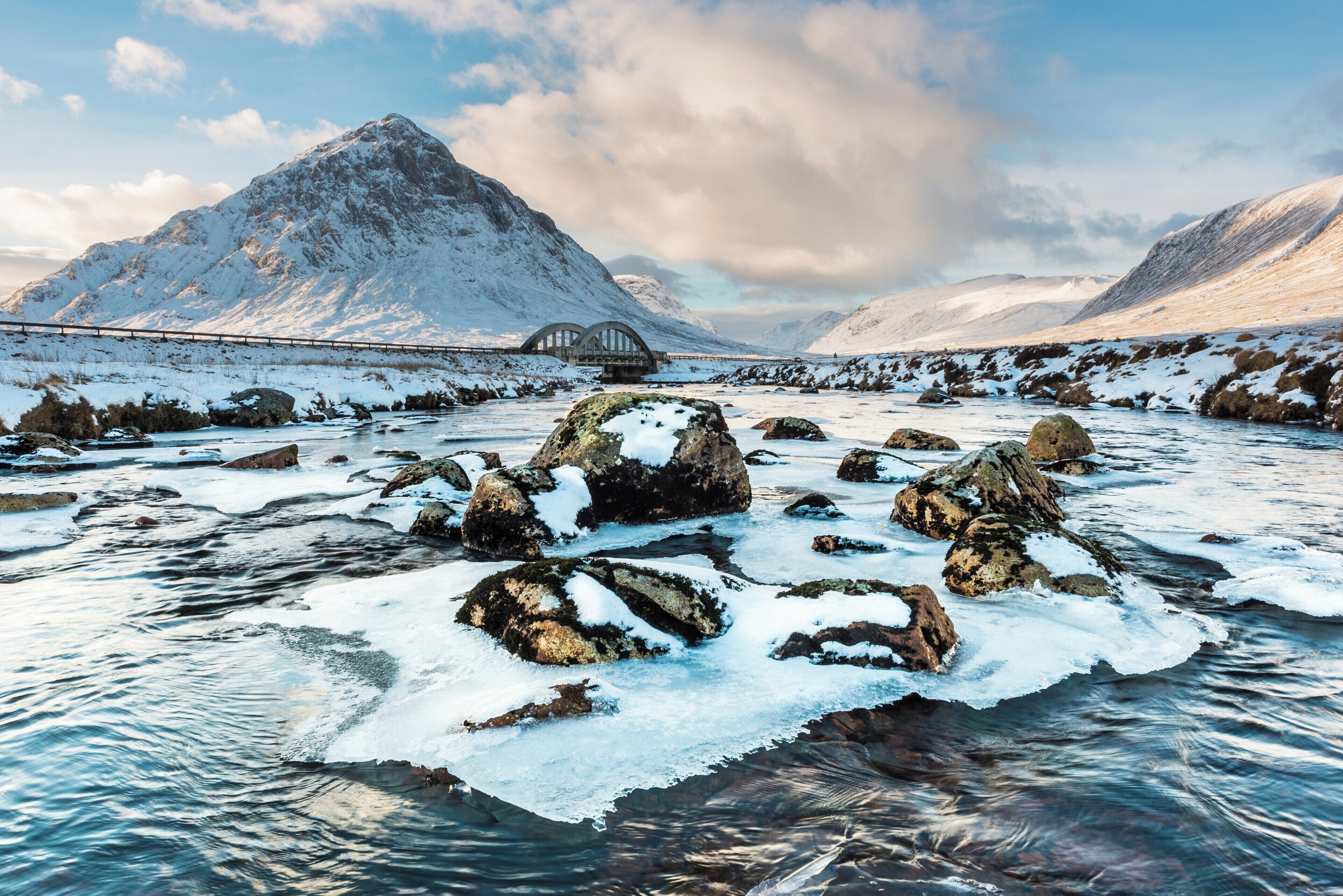 The map shows the village. Go up the A820 to get to the real sights.
My shot here is up the Glen and out the other side. I am looking towards Glen Coe but standing in the river Etive which then flows left and down Glen Etive which is also well worth a visit and often over looked by tourists. Unless looking for the Skyfall location shot as now shown on Google maps.
FYI the mountain is Buachaille Etive Mor. 