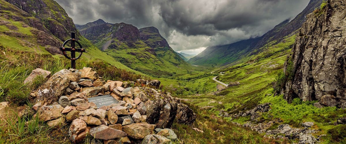 Ralston Cairn in Glen Coe, Scotland. There is a walk path to the location from a small parking spot right next to the main road. Only room for 1-2 cars. From there, it's only a 5 minutes walk to the cairn.