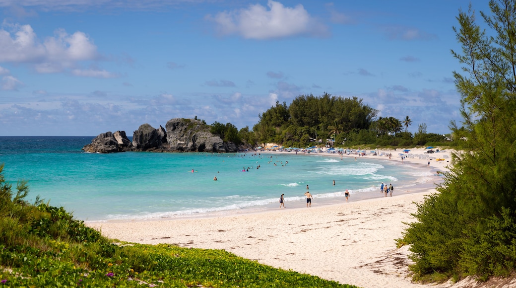 A beach with clear turquoise waters, a rocky outcrop, and lush greenery.