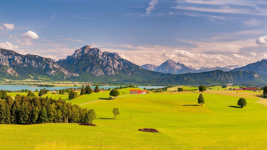 panoramic scene with rural landscape and mountain range in Bavaria, germany