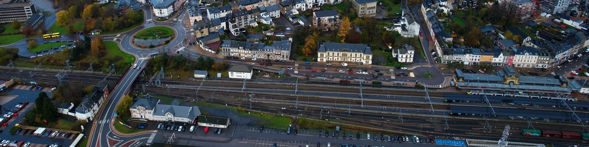 n aerial panorama view around the downtown of the City Arlon In Belgium on a cloudy spring noon