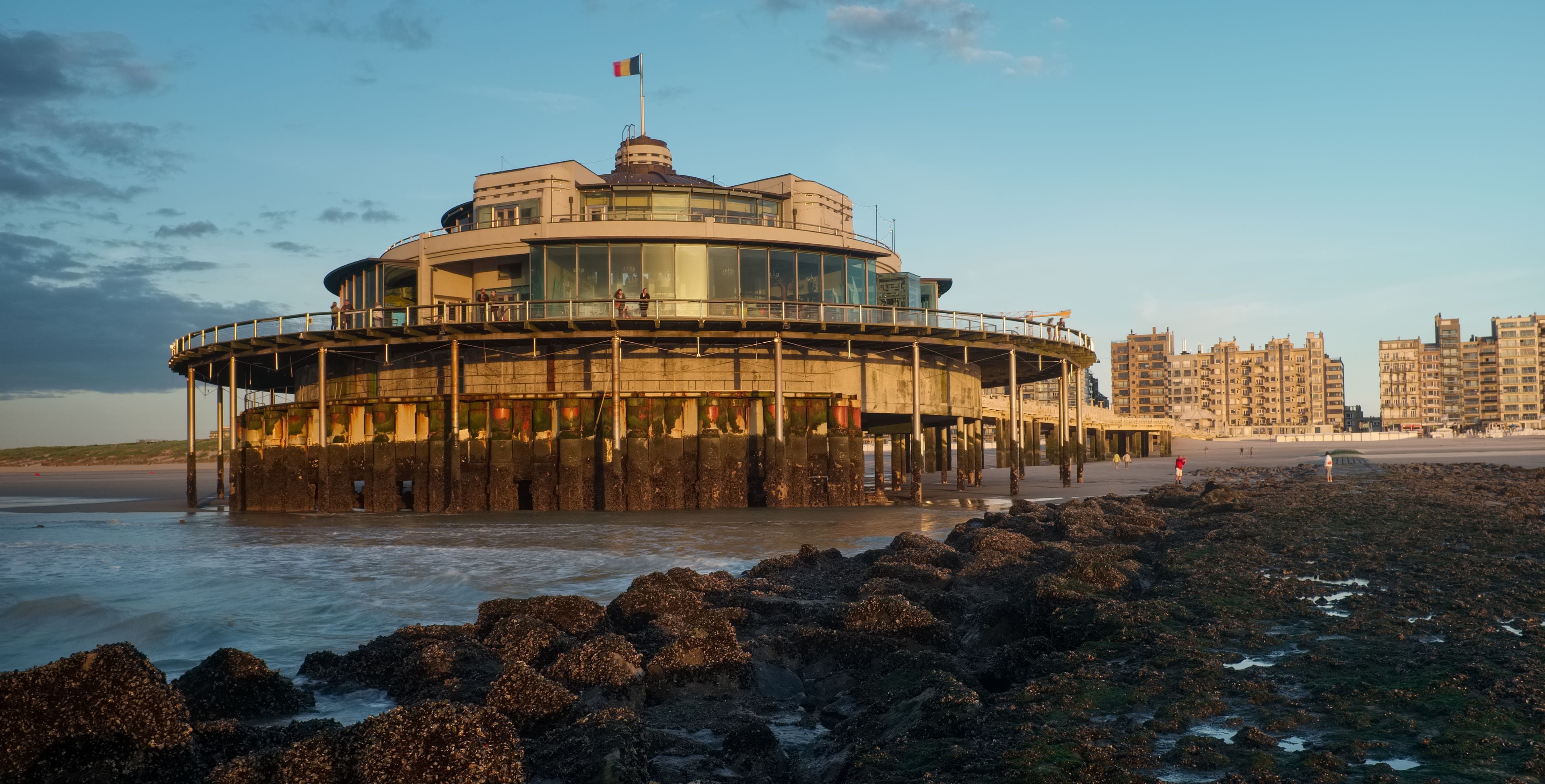 Old wooden pier of Blankenberge at low tide, Blankenberge, Belgium.