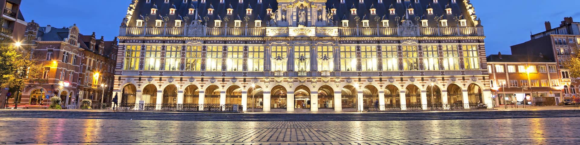 The university library on the Ladeuze square in the evening, Leuven, Belgium