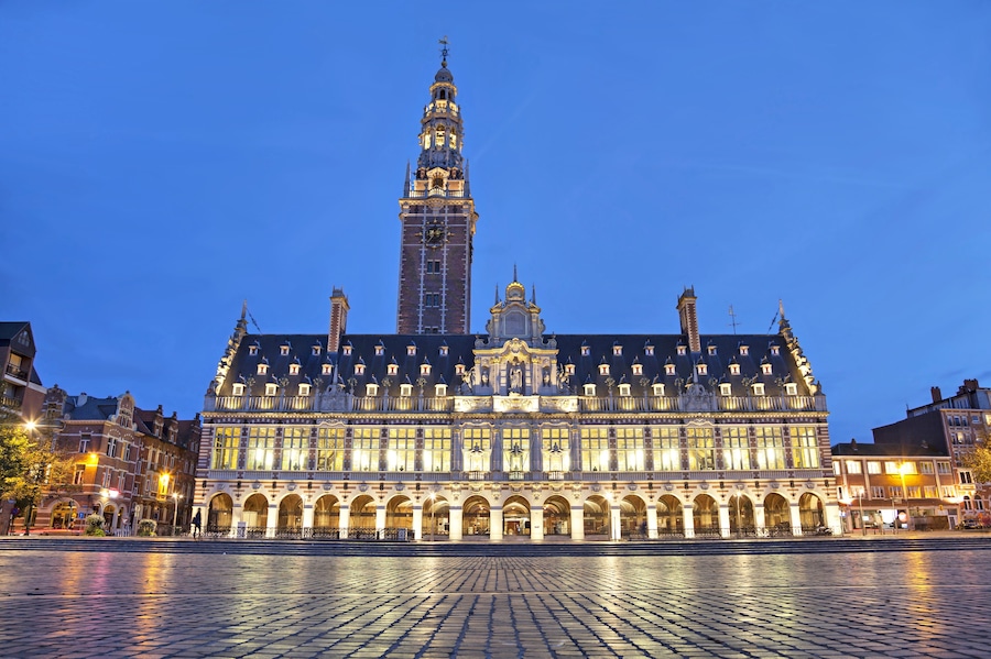 The university library on the Ladeuze square in the evening, Leuven, Belgium