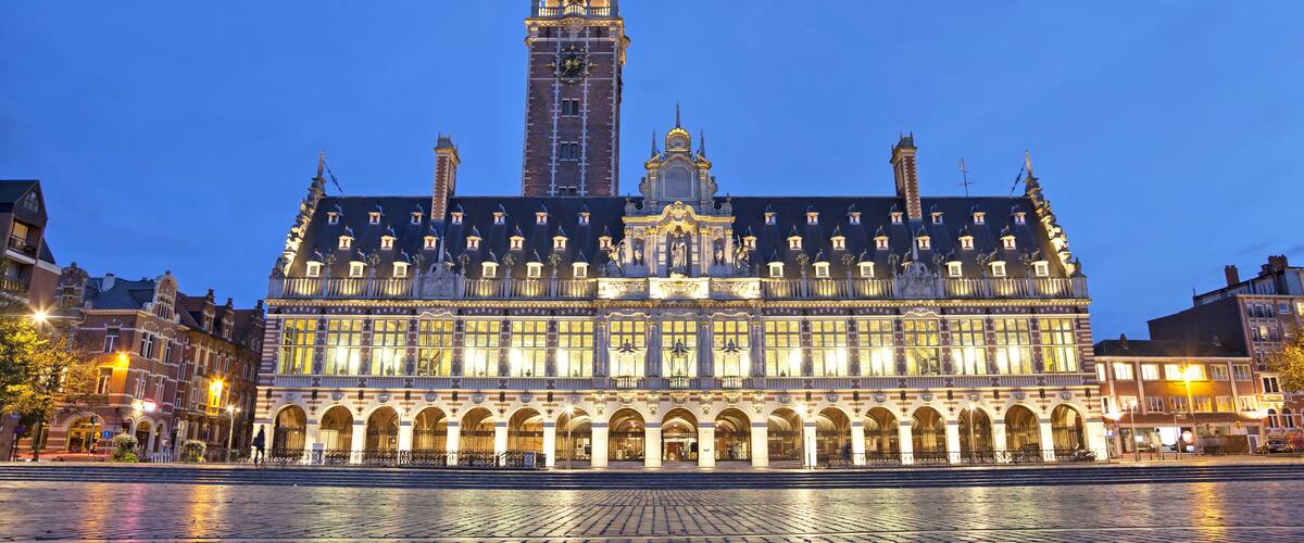The university library on the Ladeuze square in the evening, Leuven, Belgium