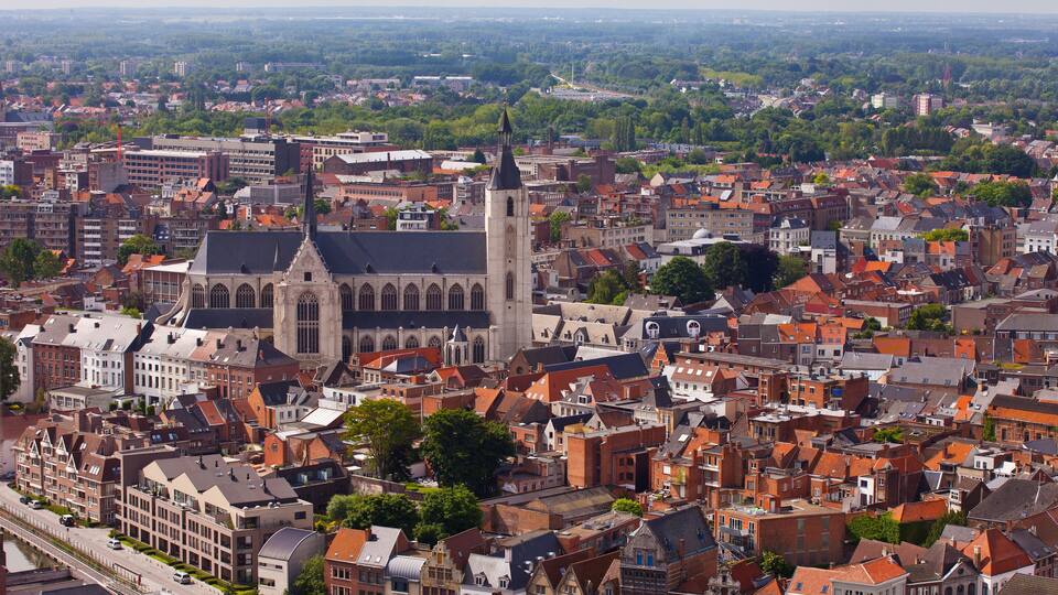 A historic cityscape with a prominent church and dense urban architecture.