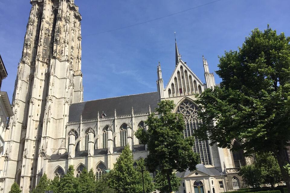 Une cathédrale historique à l’architecture complexe, surmontée d’une haute flèche.