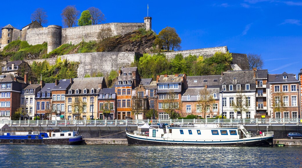 Panoramic view medieval citadel in Namur, Belgium from the river Meuse