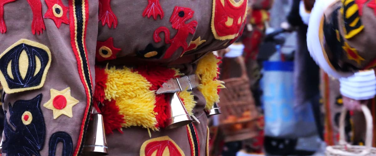 A close-up of a traditional costume with intricate patterns and decorations.