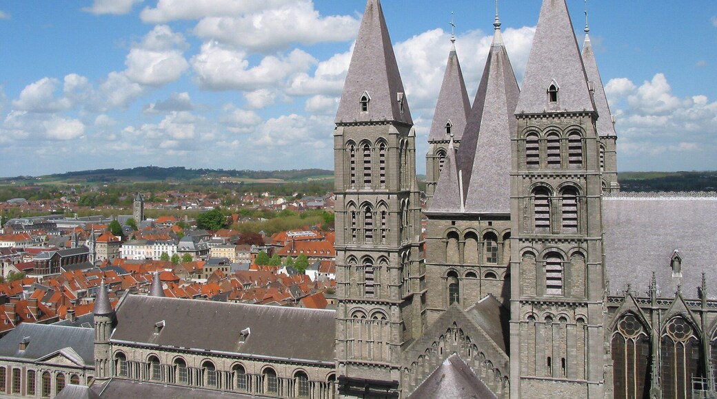 Tournai (Belgium), the early roman nave and the five towers of the Notre-Dame cathedral (XIIth century).