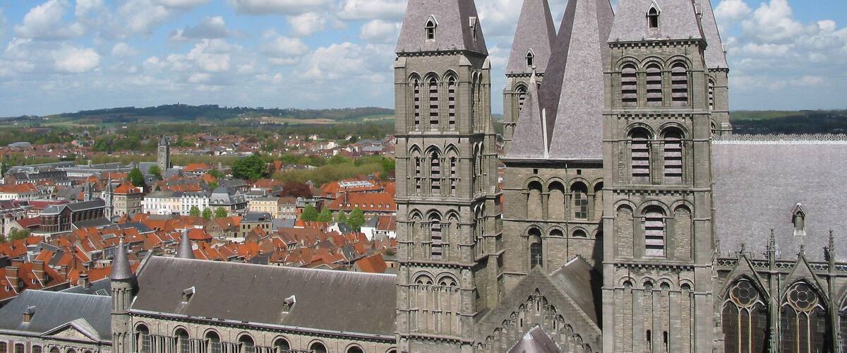 Tournai (Belgium), the early roman nave and the five towers of the Notre-Dame cathedral (XIIth century).