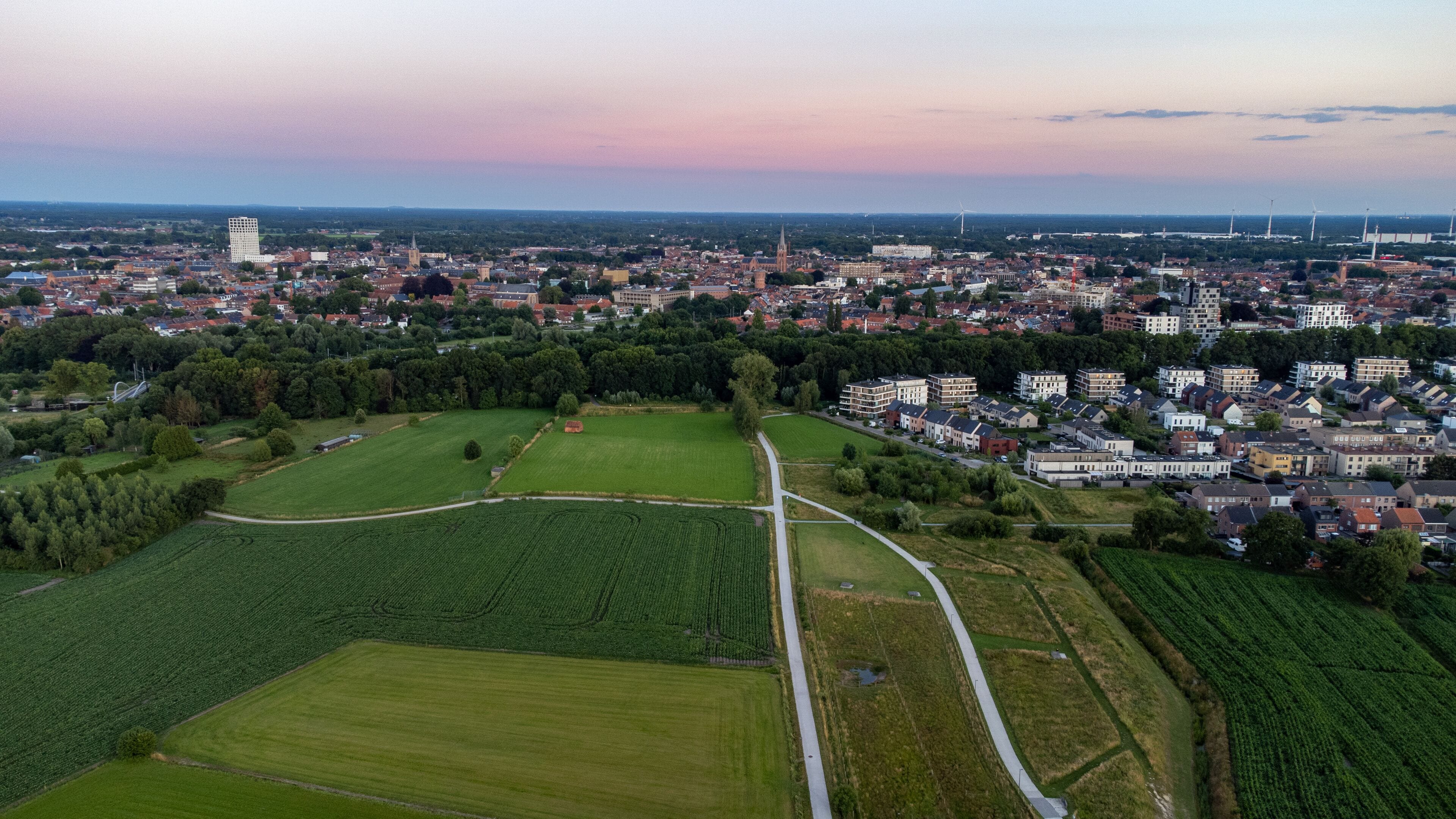 Aerial view with drone of the beautiful city Turnhout in Belgium, Europe, as seen from the harbor. High quality photo. High quality photo