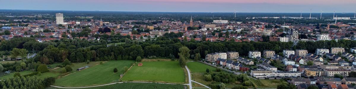 Aerial view with drone of the beautiful city Turnhout in Belgium, Europe, as seen from the harbor. High quality photo. High quality photo