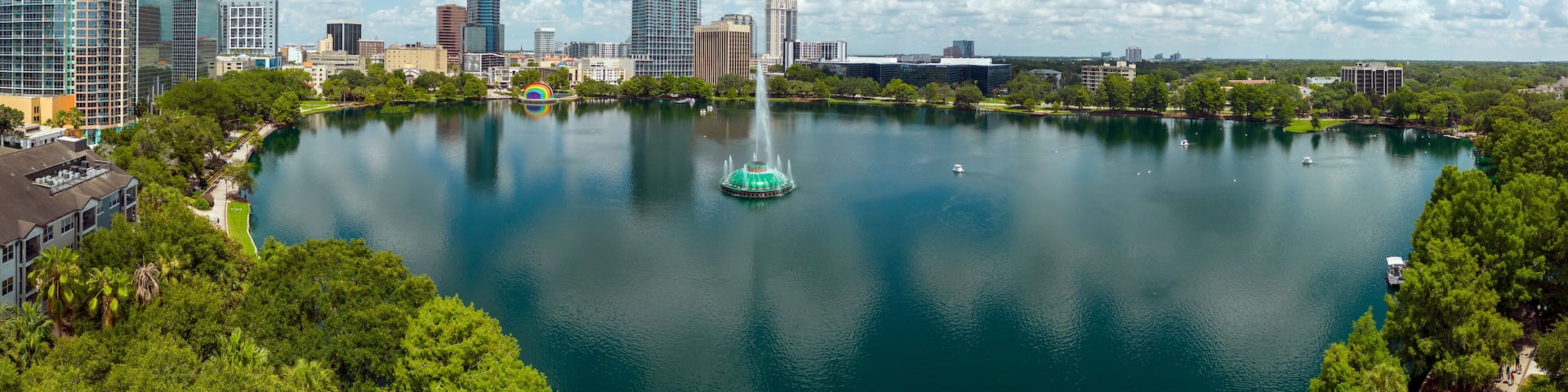 Aerial panoramic view of downtown Orlando, Florida at Lake Eola. June 19, 2022