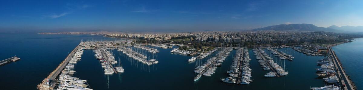 Aerial drone photo of famous marina of Alimos with yachts and sailboats docked, Athens riviera, Attica, Greece