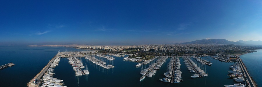 Aerial drone photo of famous marina of Alimos with yachts and sailboats docked, Athens riviera, Attica, Greece