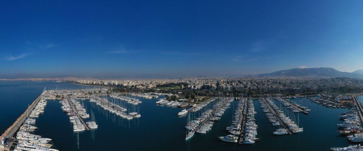 Aerial drone photo of famous marina of Alimos with yachts and sailboats docked, Athens riviera, Attica, Greece