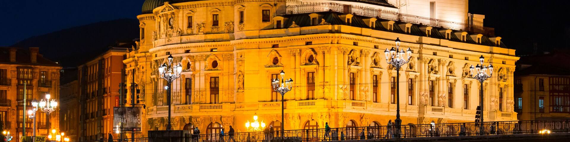 Arriaga Theater at dusk. City of Bilbao in the Province of Bizkaia in the autonomous community of the Basque Country, Spain, Europe