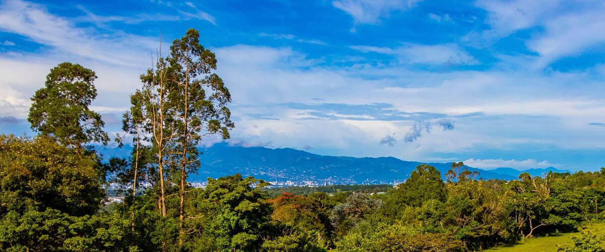 A mountainous landscape with dense green forests and a city in the distance.