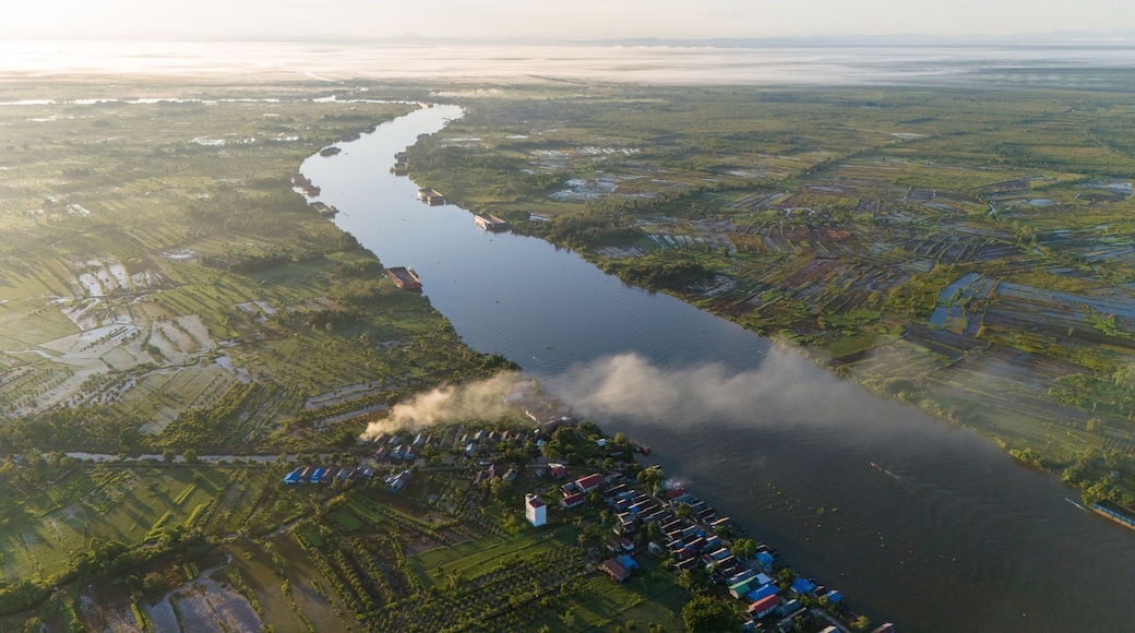 View of a residential village on the riverbank of South Kalimantan from a drone during the day