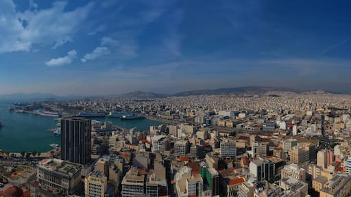 Aerial drone panoramic photo of famous busy port of Piraeus one of the largest in Mediterranean, Attica, Greece