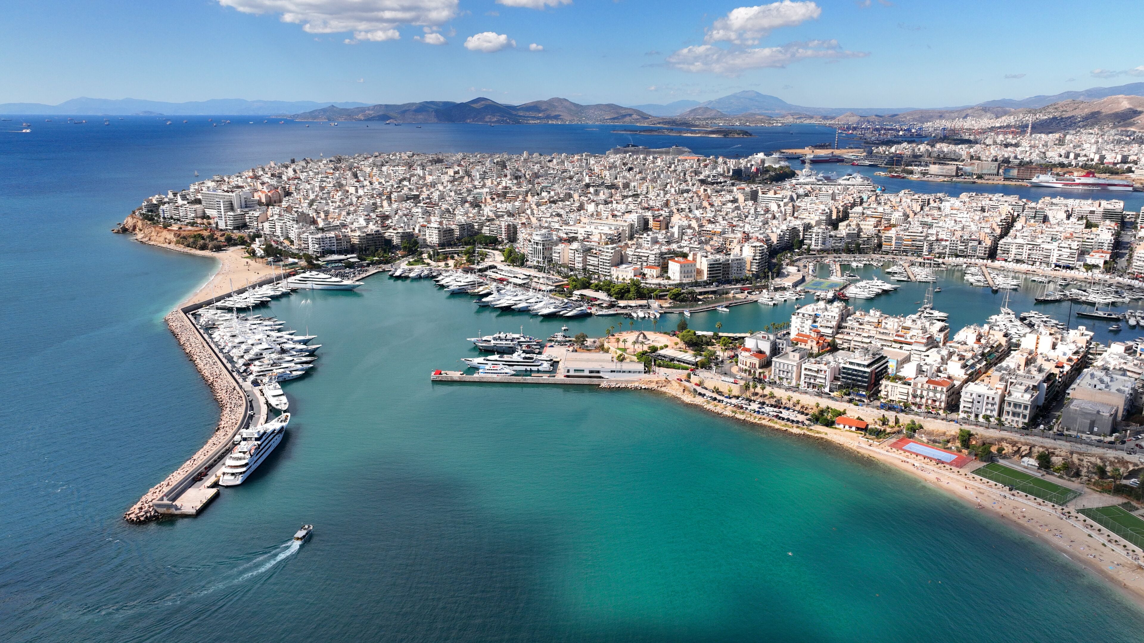 Aerial drone photo of famous port of Piraeus, Marina Zeas, Tourkolimano and area of Phaliron as seen from high altitude, Attica, Greece