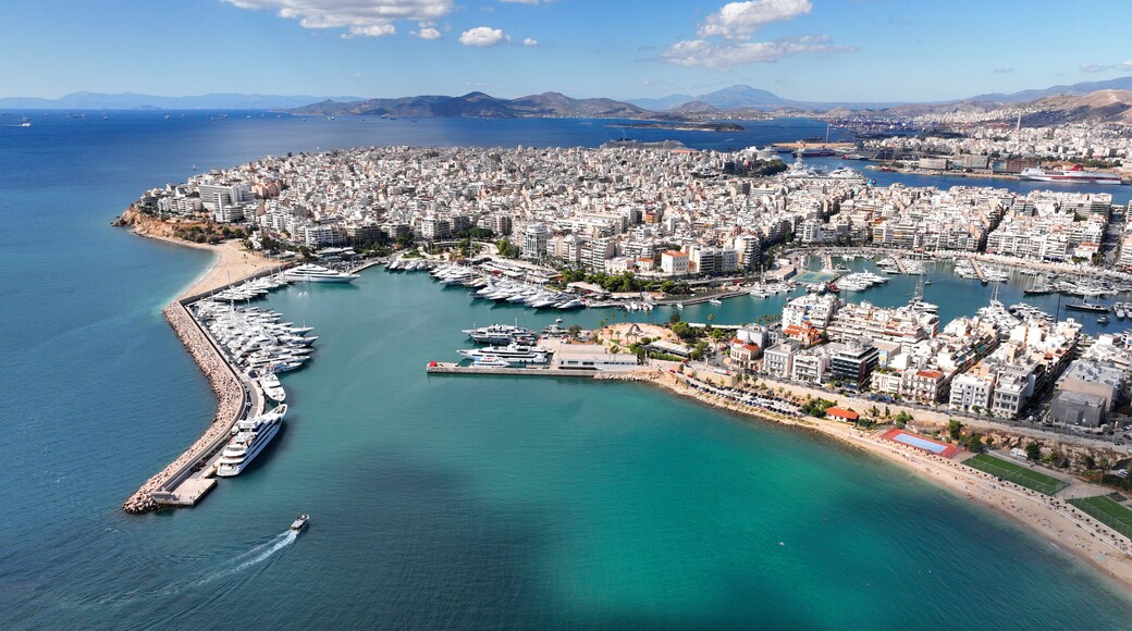 Aerial drone photo of famous port of Piraeus, Marina Zeas, Tourkolimano and area of Phaliron as seen from high altitude, Attica, Greece