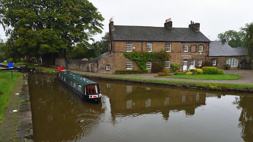 Un bateau de plaisance sur un canal paisible, une maison en pierre avec un jardin et un grand arbre en arriĂšre-plan.