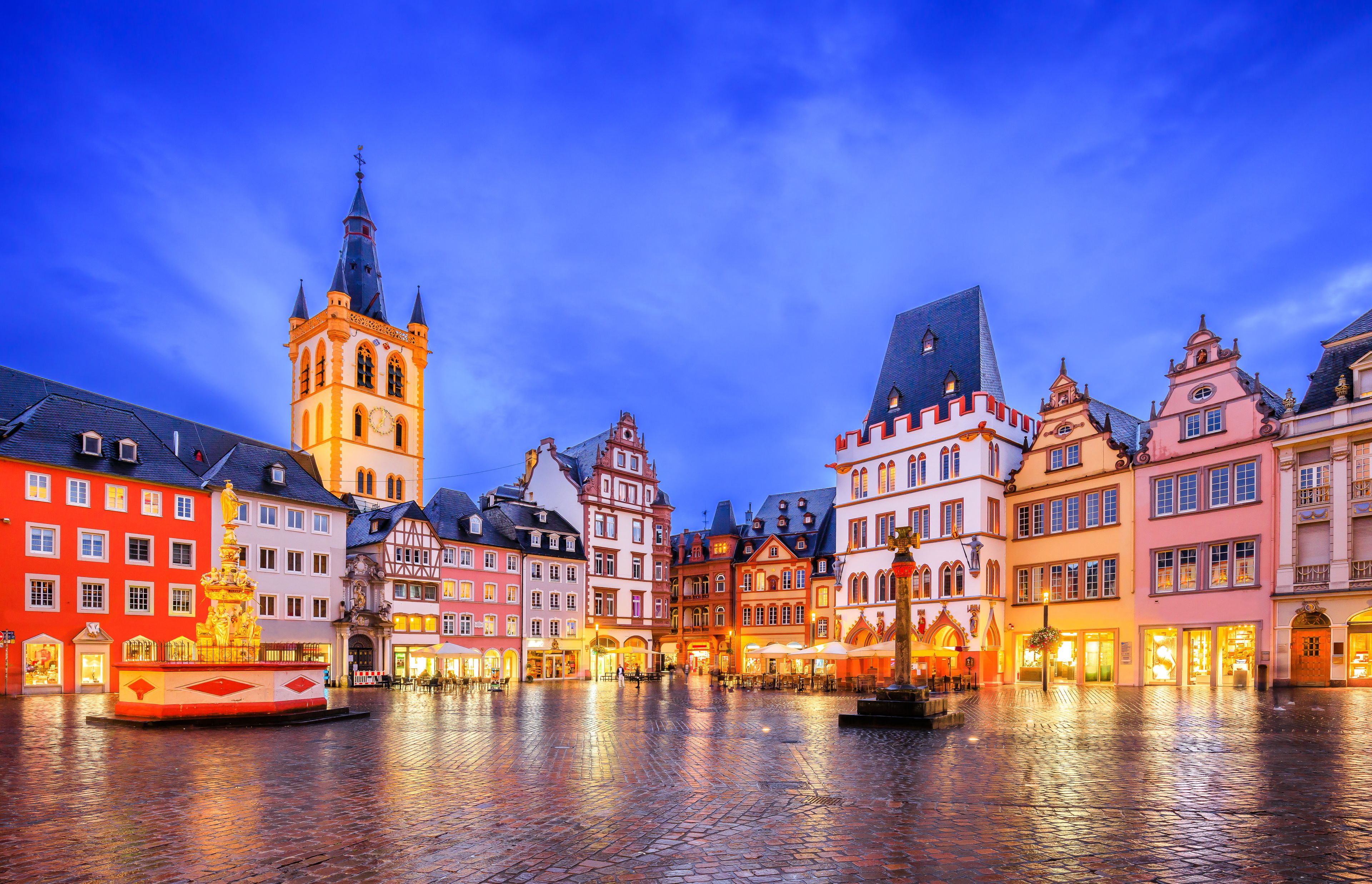 Trier, Germany. Hauptmarkt market square and St. Gangolf church.