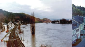View of the Kaiser-Wilhelm-Bridge across the Moselle River in Trier during the December 1993 flood. The water level rose to 11.28 m. The other photo shows the Moselle River in the summer of 1994, with the normal level of ca. 2.50 m.