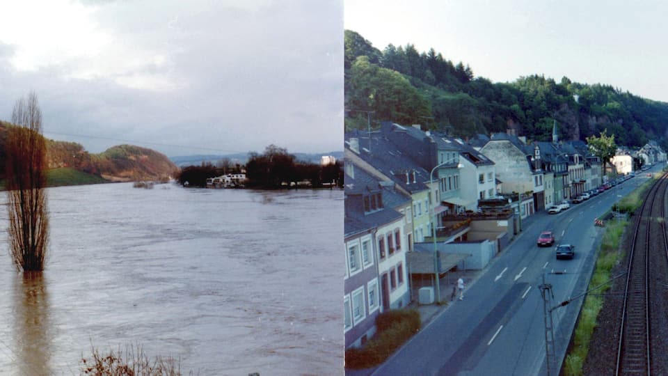 View of the Kaiser-Wilhelm-Bridge across the Moselle River in Trier during the December 1993 flood. The water level rose to 11.28 m. The other photo shows the Moselle River in the summer of 1994, with the normal level of ca. 2.50 m.