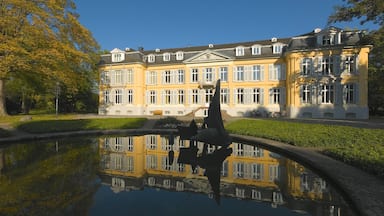 Un grand bâtiment jaune aux fenêtres blanches, et un étang dans lequel se reflète son image.