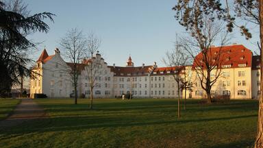 A large, historic building with multiple towers and a red roof, surrounded by a grassy area and trees.