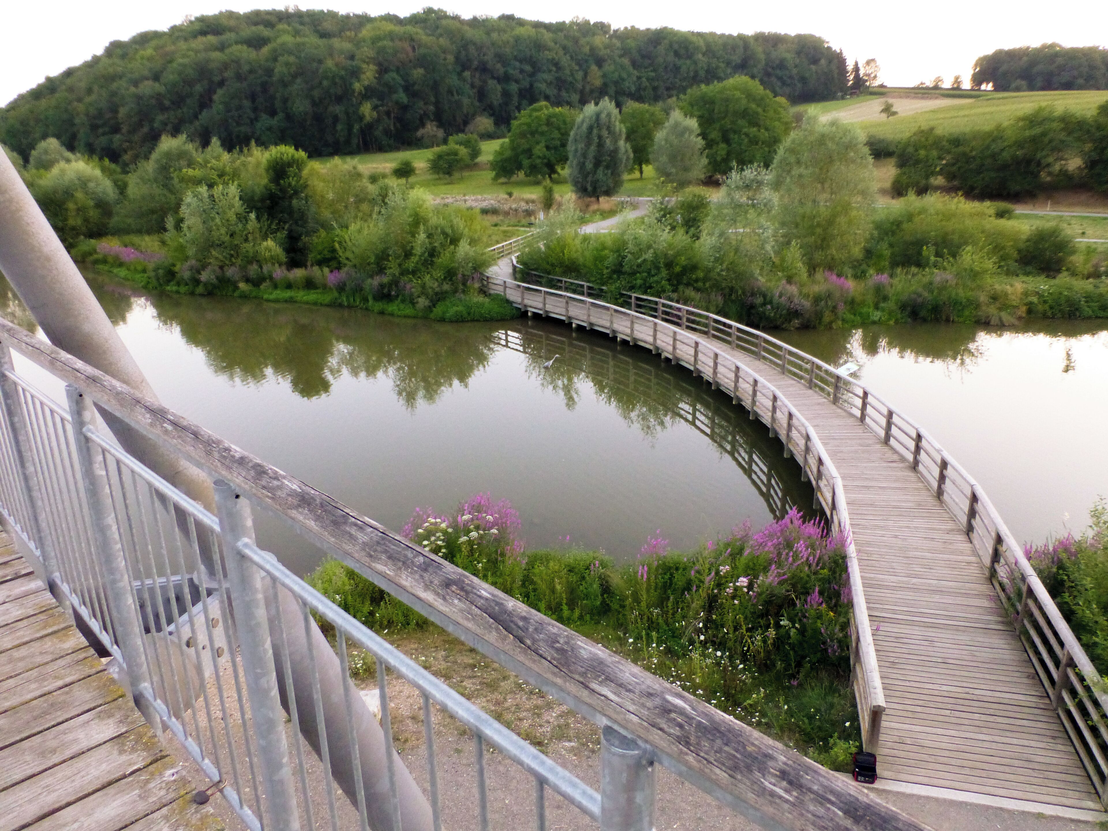 Aussichtsturm Zugwiesen; Blick von der Aussichtsplattform nach Südwesten über die Holzbrücke zum Neckarradweg