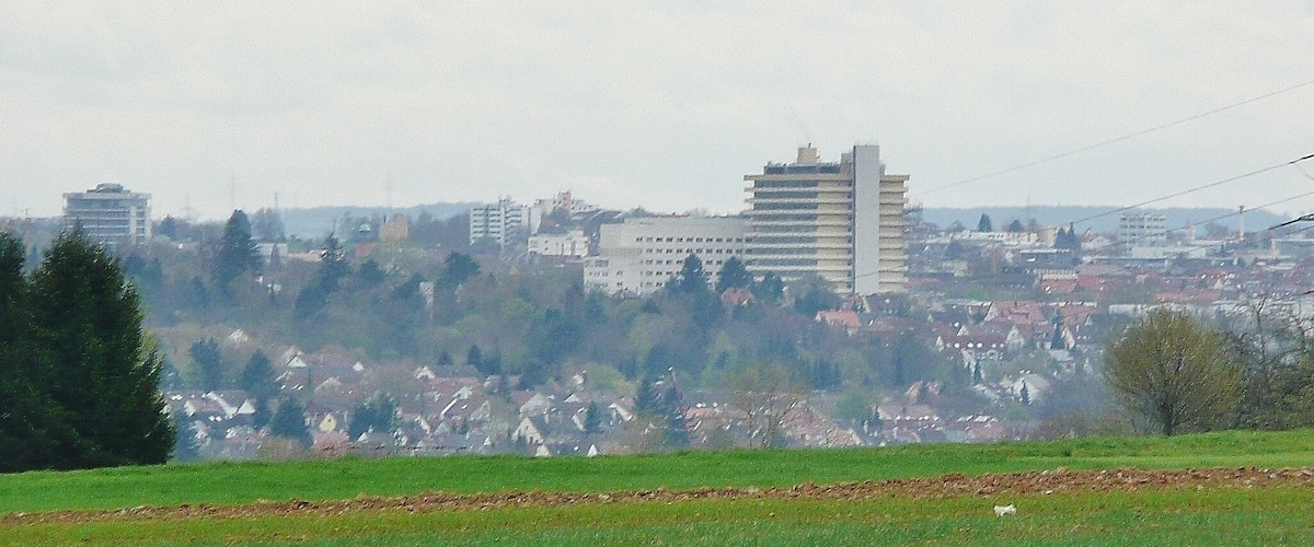 A cityscape with a prominent building in the center, surrounded by residential areas and greenery.