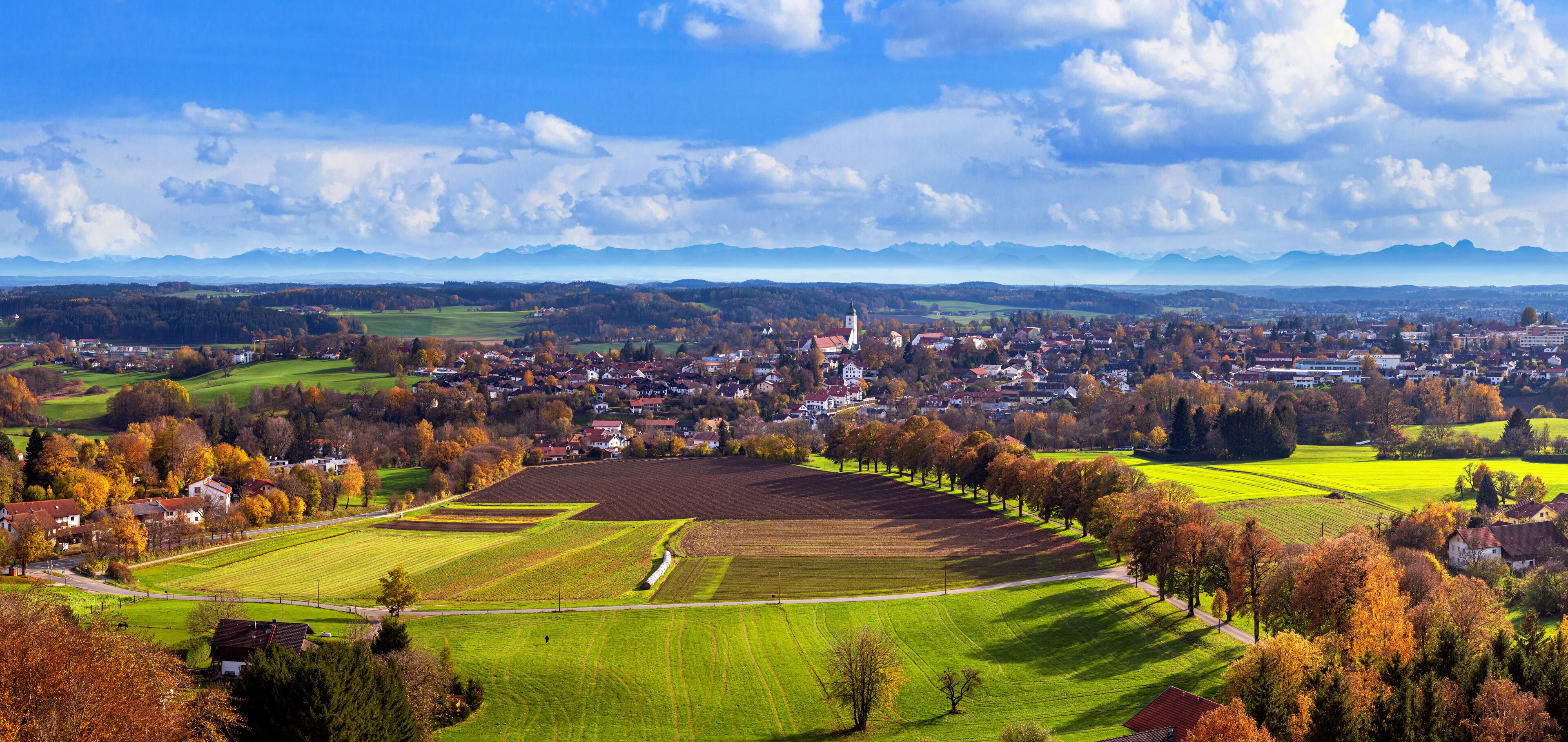 Autumn landscape, panorama, banner - panorama of the town of Ebersberg and its surroundings from the observation tower above the Ebersberger Alm on the Ludwigshohe hill, Bavaria, Germany