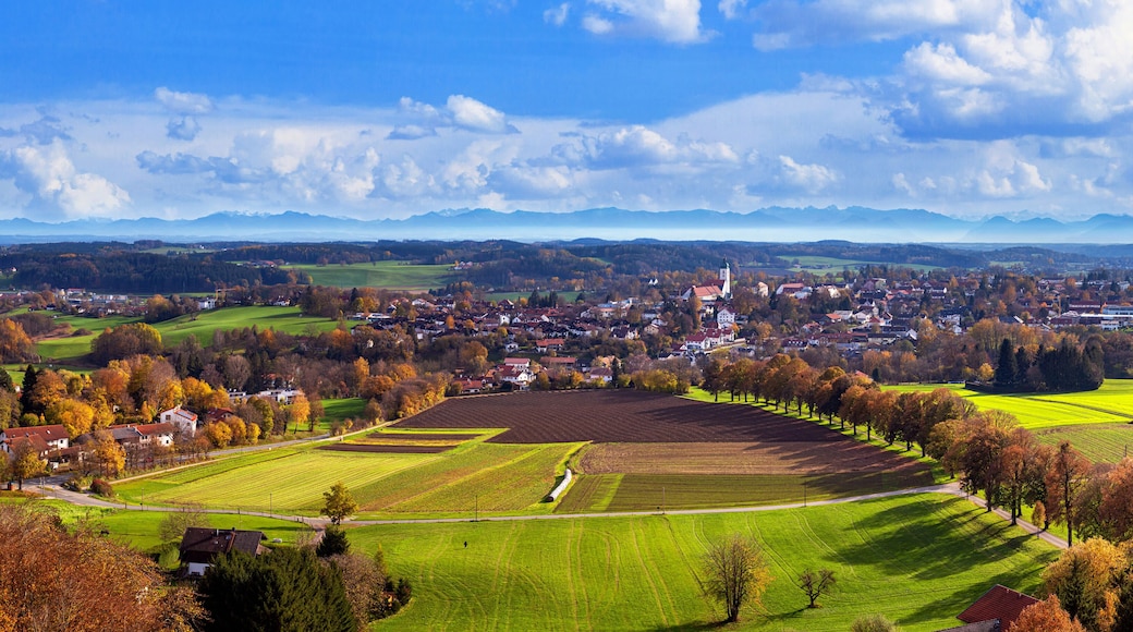 Autumn landscape, panorama, banner - panorama of the town of Ebersberg and its surroundings from the observation tower above the Ebersberger Alm on the Ludwigshohe hill, Bavaria, Germany