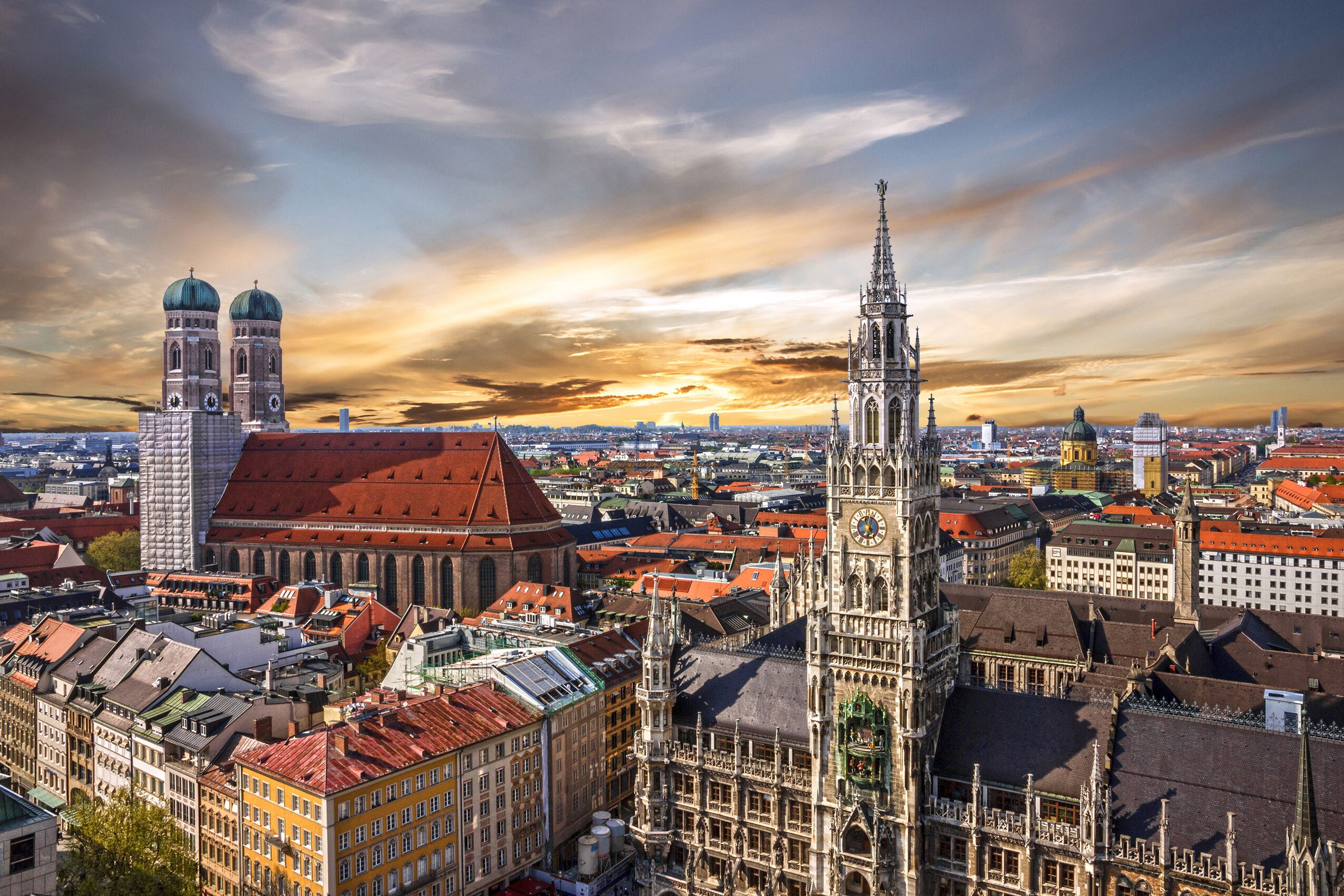 Munich sunset panoramic architecture, Bavaria, Germany. 