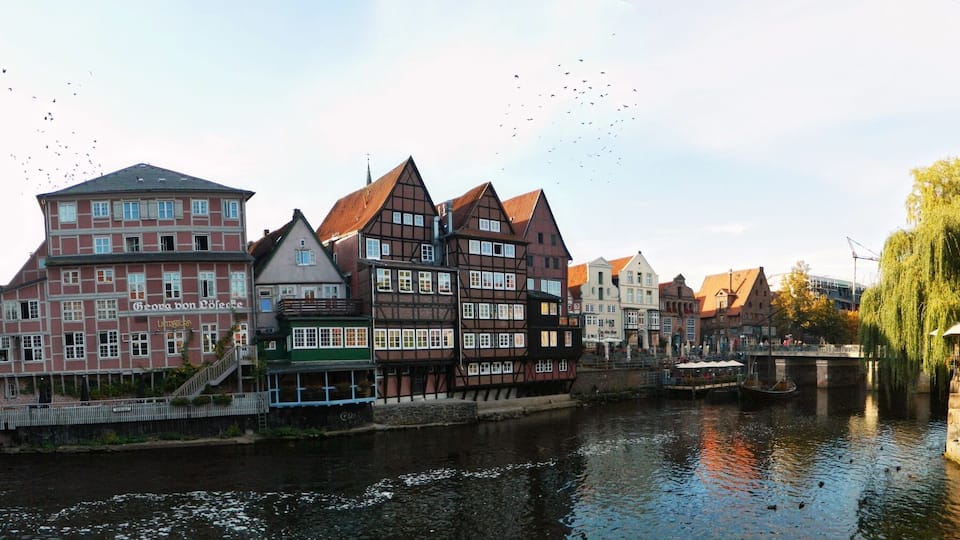 Eine Stadt am Fluss mit historischen Gebäuden, einer Brücke und Herbstlaub.