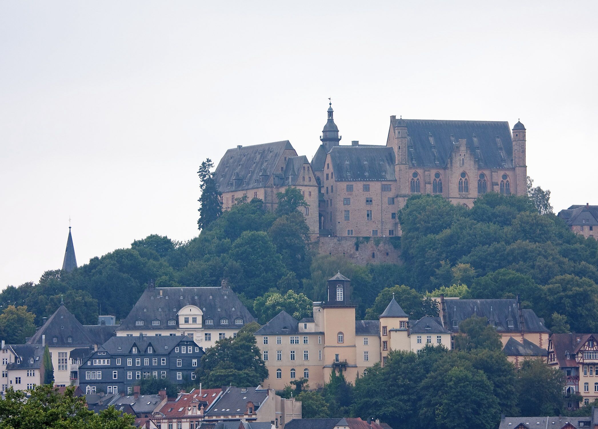 A historic castle on a hill with surrounding residential buildings.