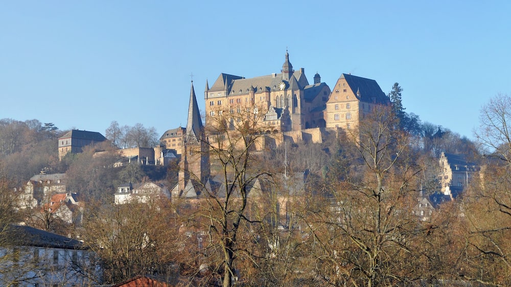 A historic castle on a hill with surrounding trees and buildings.
