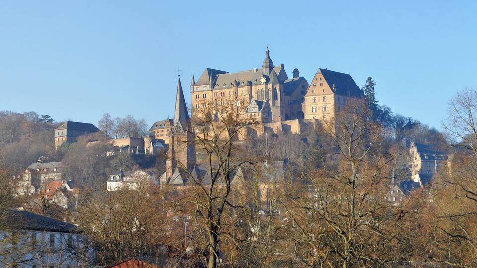 A historic castle on a hill with surrounding trees and buildings.