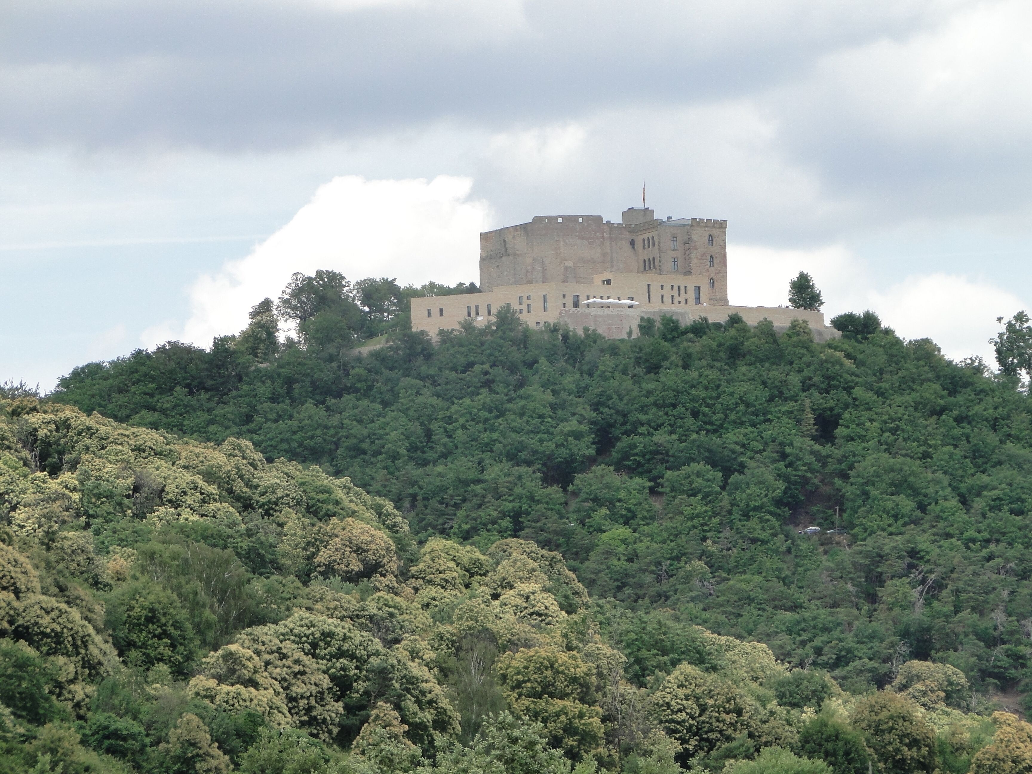 Castle "Hambacher Schloß" seen from the south above blooming chestnut forest