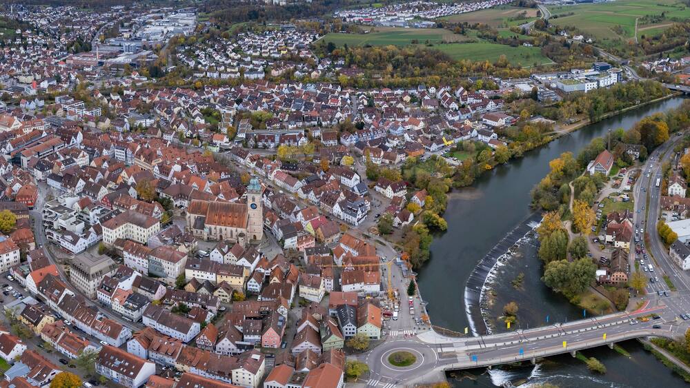 Aerial view of the old town of the city Nürtingen
in Germany on a sunny afternoon in autumn