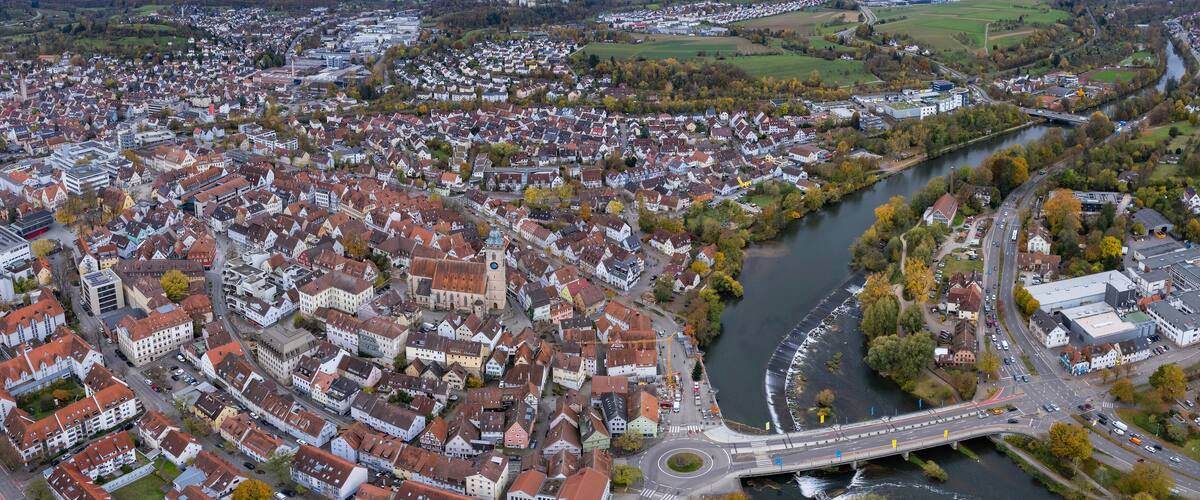 Aerial view of the old town of the city Nürtingen
in Germany on a sunny afternoon in autumn