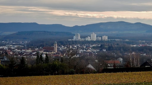 Blick über Nürtingen mit Stadtkirche Sankt Laurentius auf die schwäbische Alb