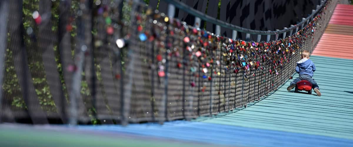 A rope bridge adorned with numerous padlocks.