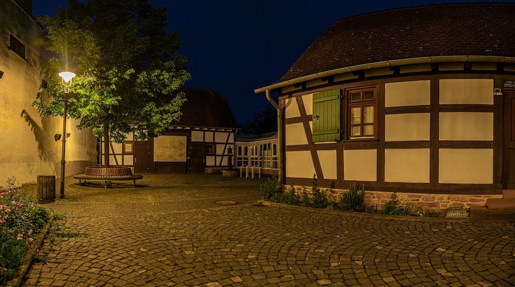 View of the courtyard of the historical museum of the city of Walldorf in hesse with surrounding half-timbered houses during the sunset