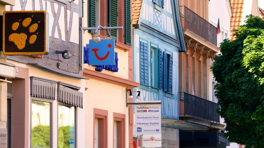 A street with colorful buildings, a paw print sign, and a blue sign with a red circle.