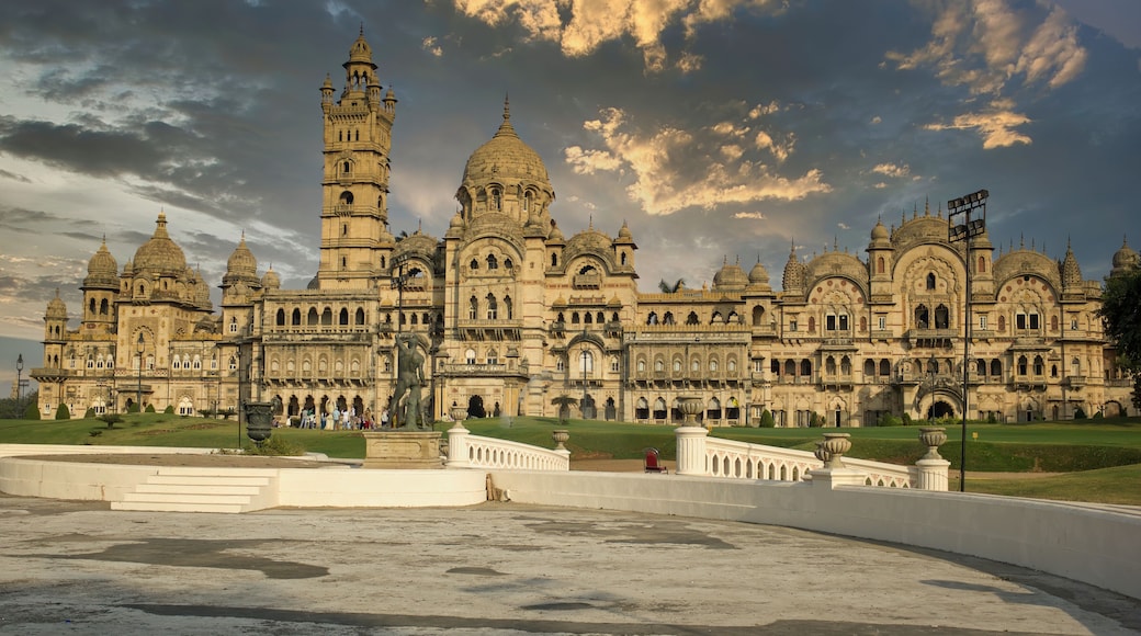 Vadodara, India - November 16, 2012: Front view of the Lakshmi Vilas Palace in the state of Gujarat, was constructed by the Gaekwad maratha family, who ruled the Baroda State